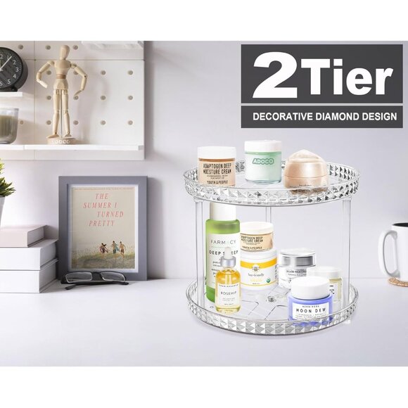 Women 2 Tier Diamond Lazy Susan Bathroom Organizer Countertop Rotating Cosmetic - Picture 2 of 7